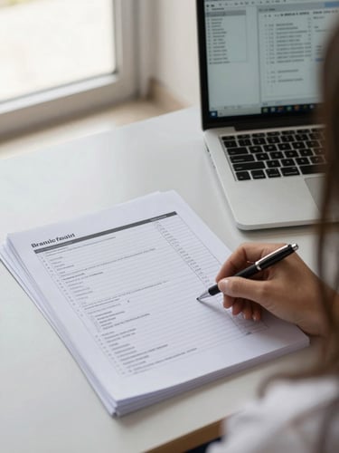Close-up overhead view of a school secretary's desk in Brazil — printed enrollment forms stacked beside an open laptop showing a data entry screen, a pen resting on a paper checklist, bright diffuse daylight from a window off-frame left, institutional tile floor visible at the edge of the frame