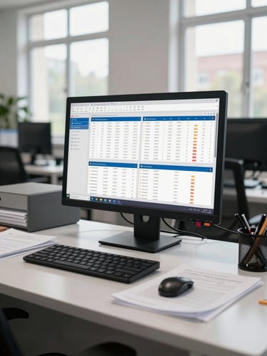 Environmental wide shot of a school secretary's office at mid-morning, a monitor showing a multi-panel administrative dashboard with attendance and finance widgets, papers replaced by a clean desk surface, bright natural daylight through institutional windows