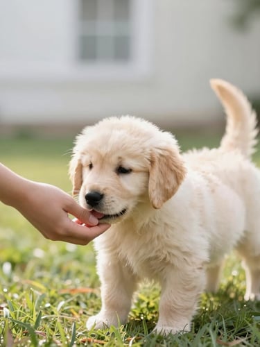 Portrait of a golden retriever puppy gently playing with a human hand in a sun-dappled grassy yard, soft natural window light, shallow depth of field, warm tones.