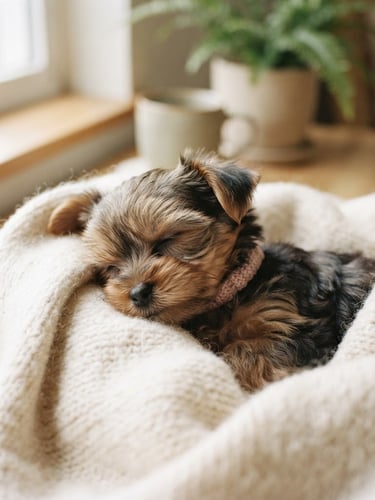 Close-up portrait of a tiny Teacup Yorkie puppy resting comfortably in a warm cream blanket, soft natural window light, shallow depth of field, 35mm.