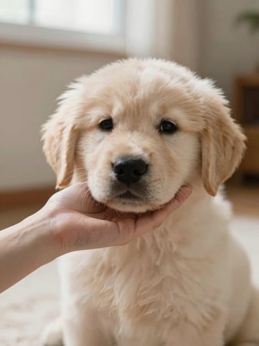Portrait of a human hand gently petting a content Golden Retriever puppy, soft natural light, shallow depth of field, warm cream and taupe tones, cozy home environment.