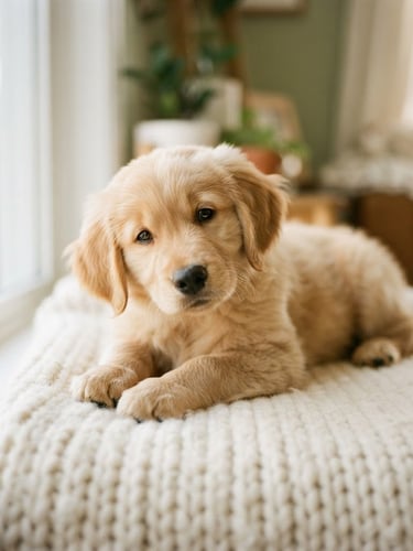 Warm, soft-focus portrait of a Golden Retriever puppy lying on a soft blanket in natural window light, looking gently at the viewer, shallow depth of field, 35mm