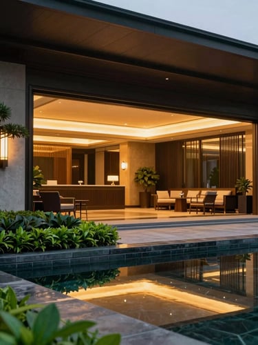 Close-up architectural crop of a luxury clubhouse facade, twilight lighting, warm interior glow reflecting on a dark stone pool, emerald green landscaping accents.