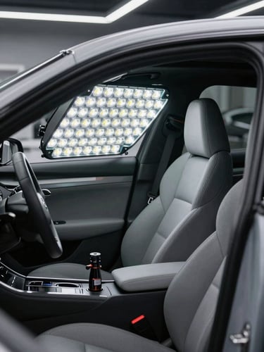 Cool clinical LED lighting in a professional automotive workshop, a clean gray car interior being prepared with technical tools, sharp geometry.