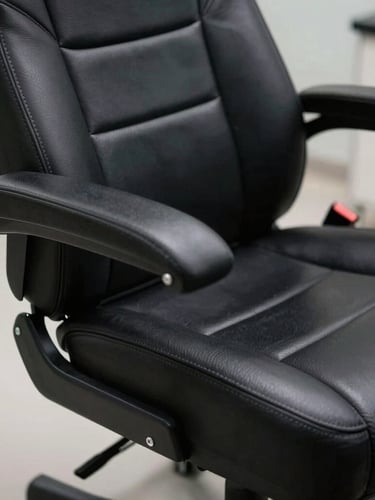 Dettaglio ravvicinato di un estrattore a vapore professionale che igienizza un sedile in pelle scura, illuminazione LED fredda e clinica da officina, inquadratura geometrica precisa.