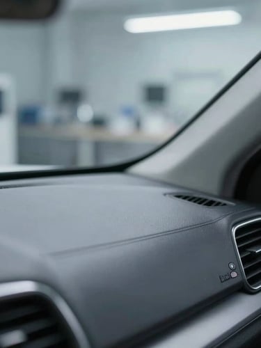Close-up of a perfectly detailed car dashboard, clean geometric lines, cool clinical workshop lighting, right side of the frame