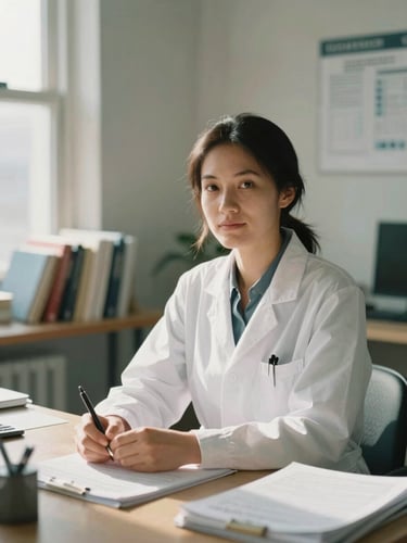 A warm editorial portrait of a female medical researcher in a sunlit, modern office with books and journals, soft natural window light, shallow depth of field, 35mm
