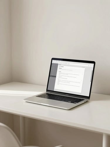 A clean, organized minimalist workspace with a laptop displaying a structured interface, soft diffused natural daylight, muted cream tones