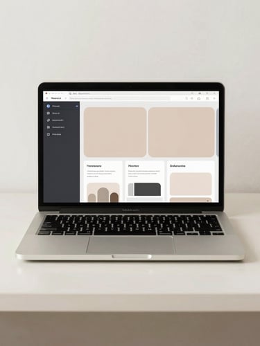 A clean minimalist desk with an open laptop showing a highly organized digital workspace, soft morning light, muted earth tones
