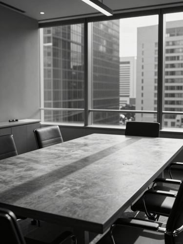 A high-contrast black and white photograph of a modern corporate boardroom in Singapore, sharp architectural shadows casting across a minimalist concrete table, empty chairs, large windows overlooking structured high-rise silhouettes.