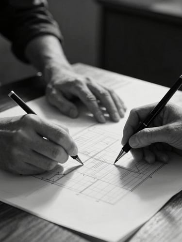 Close-up black and white photograph of hands collaborating over structural diagrams on a dark wooden table, hard directional light from the side creating sharp highlights and deep shadows, minimalist corporate environment.