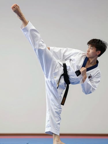 A sharp action freeze-frame of a Taekwondo athlete in a pristine white dobok executing a high kick, bright natural daylight, clean dojang background, 50mm