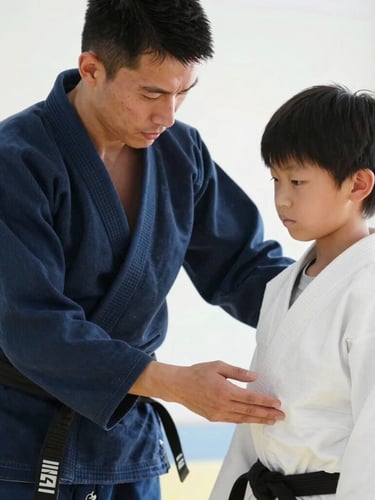A coach in a dark navy dobok offering hands-on form correction to a young student in a pristine white uniform, bright daylight, high-key clean studio setting, close-up focused expression.