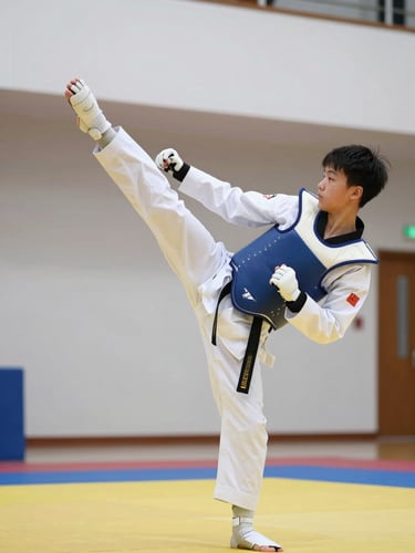 Siswa taekwondo mengenakan dobok putih bersih sedang melakukan tendangan presisi tinggi di dojang modern yang terang benderang.