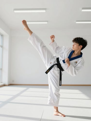 Bright, daylight-flooded modern dojang interior with crisp white mats, a student in a pristine white dobok executing a precise high kick, clean architectural lines, 50mm athletic photography