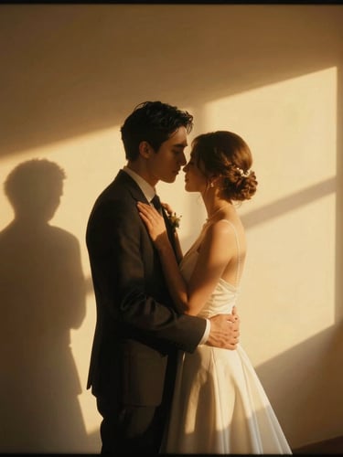 Cinematic portrait of a wedding couple embracing at golden hour, warm golden hour light, rich shadows, shallow depth of field, anamorphic lens flare, 35mm