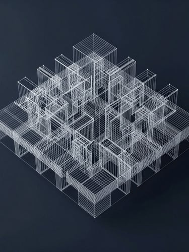 Abstract 3D vector wireframe representing grid loads, clean white lines on a deep slate background, technical schematic style.