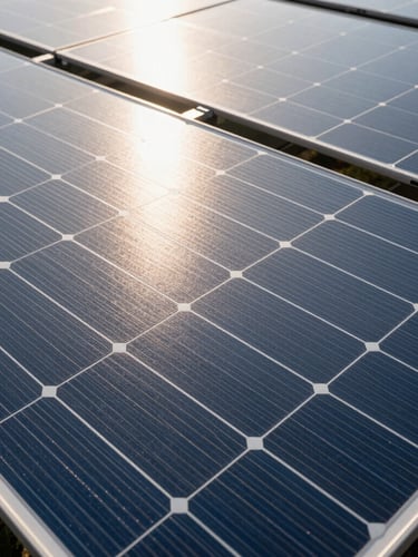 Top-down orthographic view of high-performance silicon solar cells, clean geometric lines, crisp morning light reflecting off the metallic grid lines, technical blueprint style.