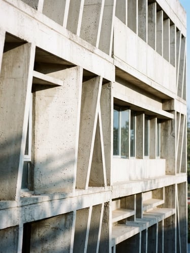 Architectural clean shot of the modern concrete facade of the IIT Delhi library, bright morning sun casting long shadows, shallow depth of field, 35mm lens