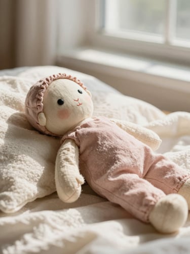 Close-up of a handmade linen doll resting on a soft cream blanket, warm morning sunlight streaming through a window, shallow depth of field, 35mm
