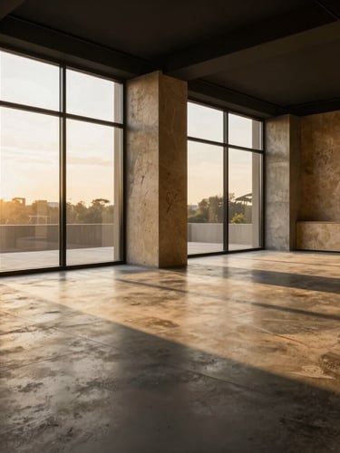Pristine empty showroom interior flooded with dramatic golden-hour window light cutting across clean concrete floors, concrete pillars, warm travertine details