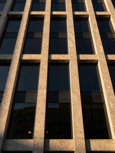 Cinematic architectural photograph of the Fingerclic Building facade at golden hour, sharp geometric lines of concrete and glass, dramatic shadows cutting across warm travertine surfaces, wide-angle lens, 35mm.