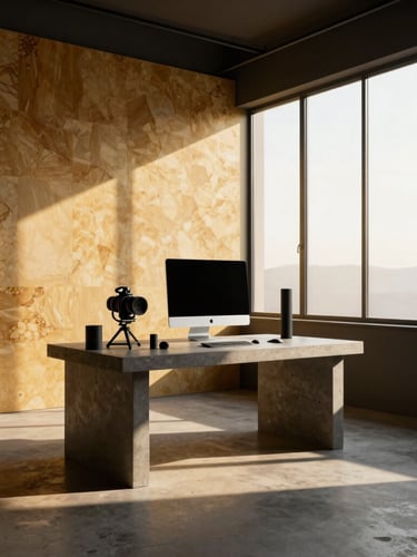 Pristine empty digital studio flooded with golden-hour window light, a high-tech 3D rendering setup on a concrete desk, warm travertine walls, dramatic shadows, 35mm