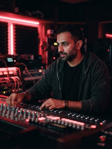 Moody portrait of Abhishek Anand, founder of Kurfaat Records, working at a studio console with glowing neon-crimson lights, cinematic studio photography, shallow depth of field, 35mm