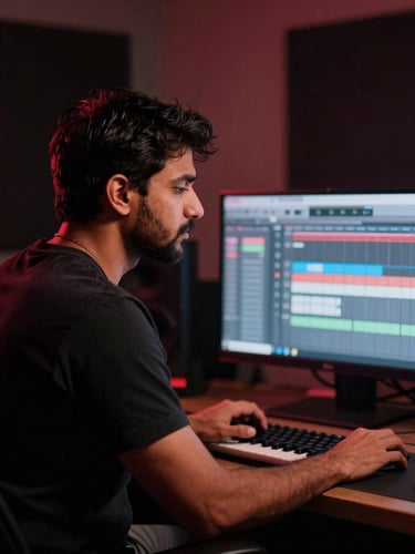 Portrait of a music producer (Abhishek Anand) in a dimly lit studio, focused on an FL Studio screen, with subtle crimson reflections, cinematic style.