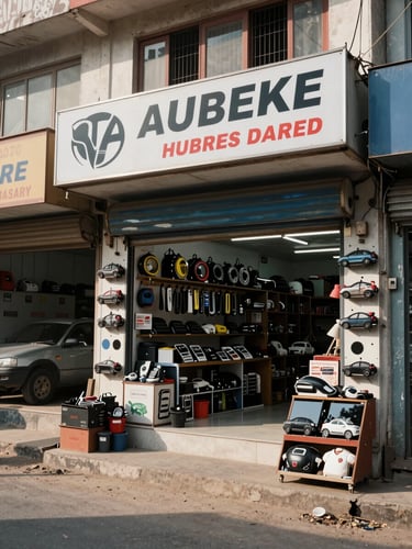 Wide-angle exterior of a local automotive shop on a Punjab street, shopfront signage visible, midday natural light, organized display of car accessories in the foreground, quiet street behind