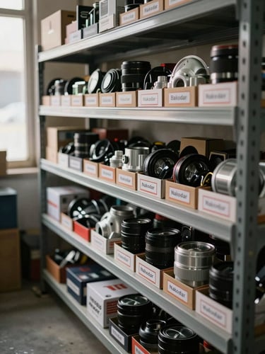 Close-up of a well-organized automotive parts shelf inside a workshop in Nakodar — rows of boxed car accessories and components neatly arranged, labels facing outward, natural daylight from a nearby window catching the edges of the boxes, a concrete floor visible below