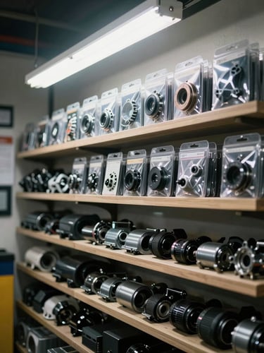 Close-up of neatly organized car parts shelves inside a workshop, bright overhead fluorescent light, rows of packaged accessories and body parts clearly visible, practical storage in a small-town auto shop