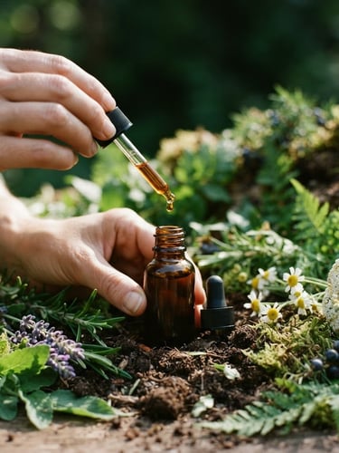 Close-up of hands gently pouring a rich amber essential oil into a small glass dropper bottle, surrounded by fresh, vibrant green wild-harvested botanicals and dark, rich soil, natural directional sunlight casting soft shadows, eye-level shot, shallow depth of field, 35mm.