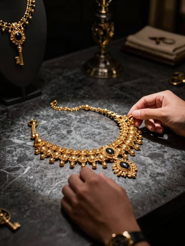 Luxurious private consultation room in Baghdad, dark obsidian stone desk, hands of an artisan holding a heavy gold bridal necklace, focused spotlighting, 50mm
