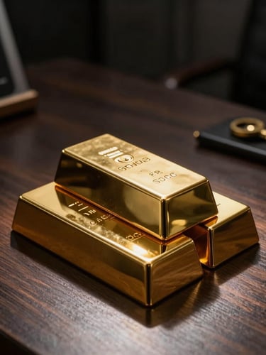 Luxurious dark-key photography of a private secure gold consultation office, gold bars on a dark wood table under a single spotlight, deep shadows, 50mm