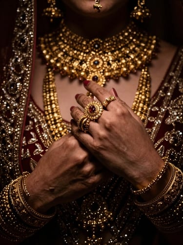 A close-up portrait of hands wearing heavy, traditional gold bridal jewelry, dramatic low-key lighting, focused spotlight highlighting the intricate metallic textures, deep shadows, 50mm