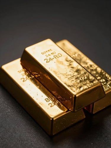 Luxurious dark-key photography of certified 24-karat gold bullion bars stacked neatly, dramatic gold-hour spotlighting, deep shadows, rich metallic reflections, 50mm