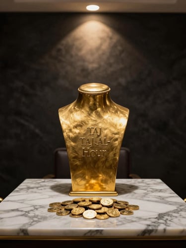 Luxurious private consultation office of Taj Al-Hoor in Baghdad, dark obsidian walls, warm golden spotlights on a marble table with gold coins, elegant Middle Eastern luxury, 50mm portrait