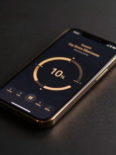 Sleek modern smartphone showing a dark luxury user interface with gold metrics, clean circular aura score chart, soft golden-hour edge lighting, dark moody background, shallow depth of field