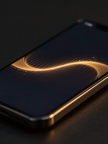 Sleek modern smartphone mockup displaying a premium dark UI with golden glowing aura chart, close-up macro shot, dark moody editorial photography, soft golden-hour edge lighting