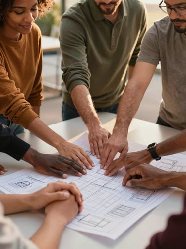 Candid medium shot of diverse community leaders in Oakland, hands clasped over a shared blueprint on a table, soft golden-hour light, focus on collaboration and shared vision.