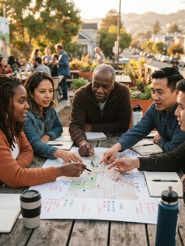 Warm, candid photo of diverse Oakland community leaders collaborating over a neighborhood plan, hands pointing at a map on a table, natural golden-hour light, shallow depth of field, rich earthy tones.