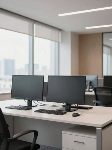 Sleek modern corporate office in Panama City, clean workstations with dual monitors, bright natural light, professional neutral tones, 35mm