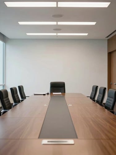 Medium-wide environmental shot of a modern Panamanian government conference room, bright natural office light, professional neutral tones, sharp focus, architectural framing, 35mm