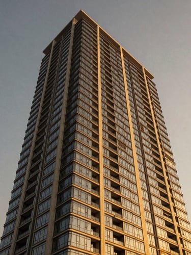 Low-angle architectural elevation of a modern luxury residential skyscraper in Gurugram, warm golden hour twilight reflecting off glass facade, high contrast, 35mm lens