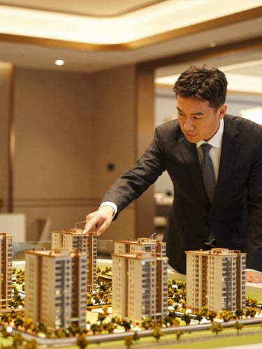 Professional property consultant pointing at a architectural model of a modern development, warm interior lighting, high contrast, clean composition