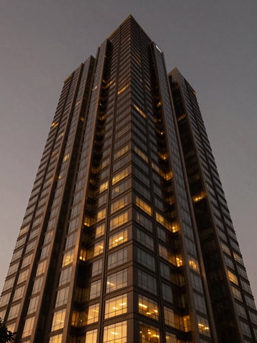Wide-angle architectural elevation of a modern luxury skyscraper in Gurugram at twilight, sharp geometric lines, warm golden light spilling from windows, rich deep tones