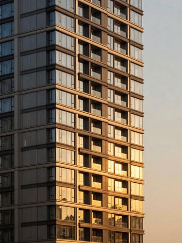 Architectural elevation of a modern luxury residential skyscraper on Golf Course Road, warm golden hour sunlight reflecting off high-end glass facade, 35mm editorial architectural photography.