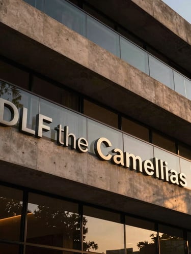 Architectural detail of DLF The Camellias facade, warm evening twilight light, high-contrast concrete and glass curves, 35mm lens, premium architectural photography