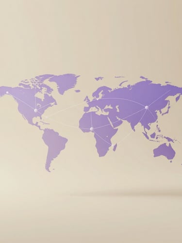 minimalist 3d render, soft warm studio light, ivory and violet tones, clean geometric shapes, abstract global networks, ultra-premium, flowing lines, subtle world map patterns, wide composition, off-center subject